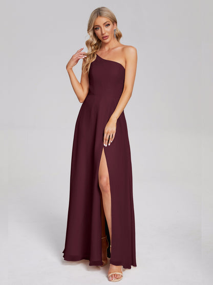 One Shoulder Side Slit Chiffon Bridesmaid Dress