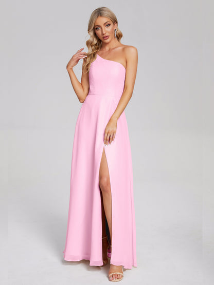 One Shoulder Side Slit Chiffon Bridesmaid Dress