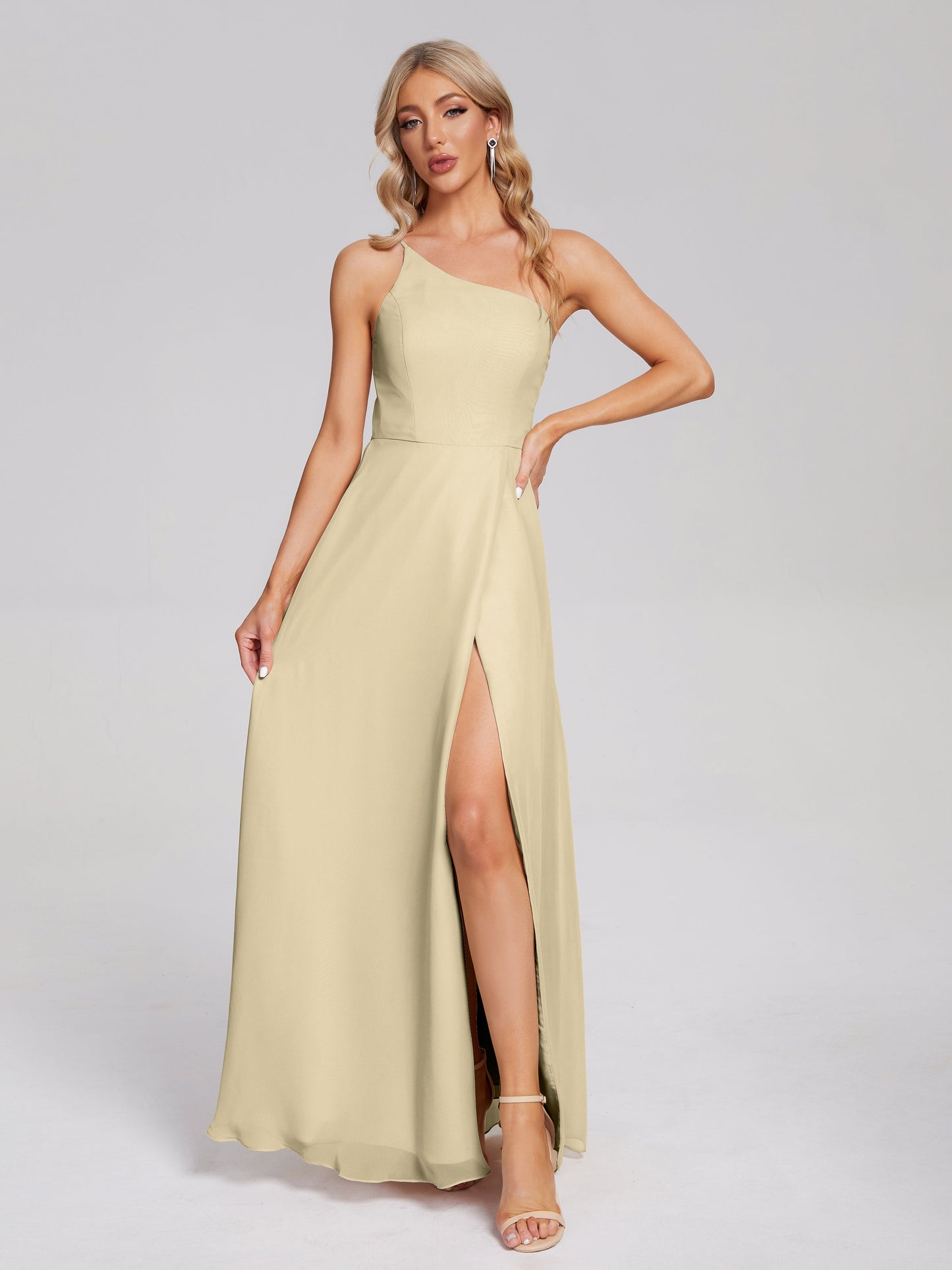 One Shoulder Side Slit Chiffon Bridesmaid Dress