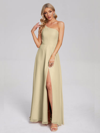 One Shoulder Side Slit Chiffon Bridesmaid Dress