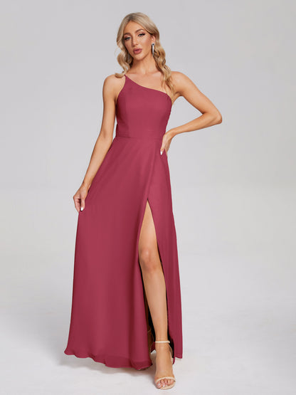 One Shoulder Side Slit Chiffon Bridesmaid Dress