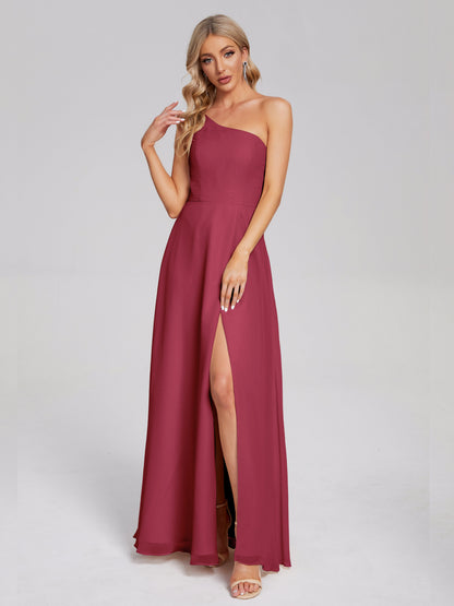 One Shoulder Side Slit Chiffon Bridesmaid Dress
