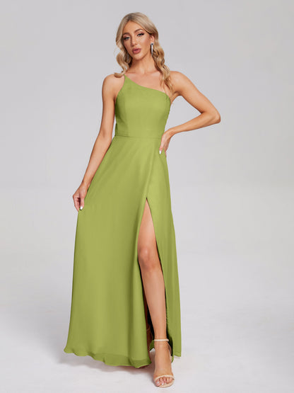 One Shoulder Side Slit Chiffon Bridesmaid Dress
