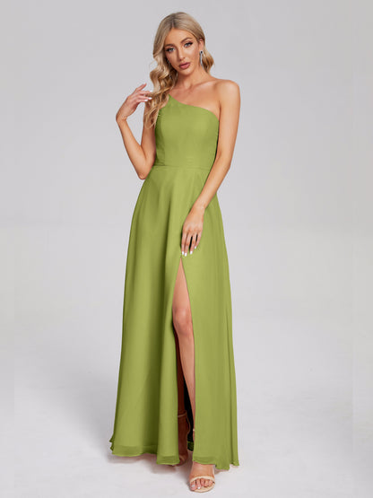 One Shoulder Side Slit Chiffon Bridesmaid Dress