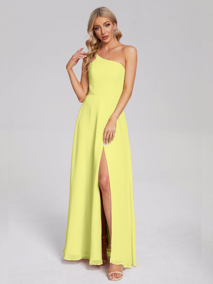 One Shoulder Side Slit Chiffon Bridesmaid Dress