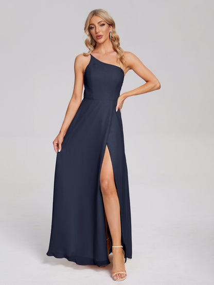 One Shoulder Side Slit Chiffon Bridesmaid Dress