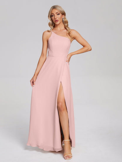 One Shoulder Side Slit Chiffon Bridesmaid Dress