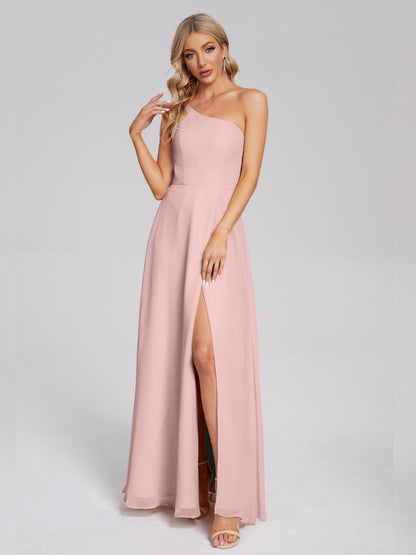 One Shoulder Side Slit Chiffon Bridesmaid Dress