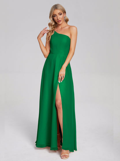 One Shoulder Side Slit Chiffon Bridesmaid Dress