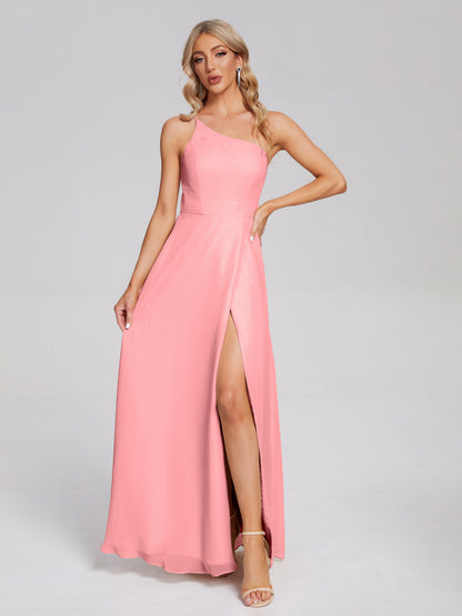 One Shoulder Side Slit Chiffon Bridesmaid Dress