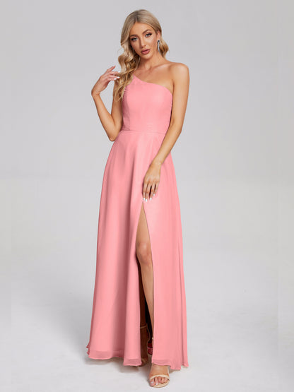 One Shoulder Side Slit Chiffon Bridesmaid Dress