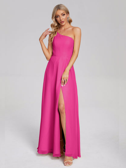 One Shoulder Side Slit Chiffon Bridesmaid Dress
