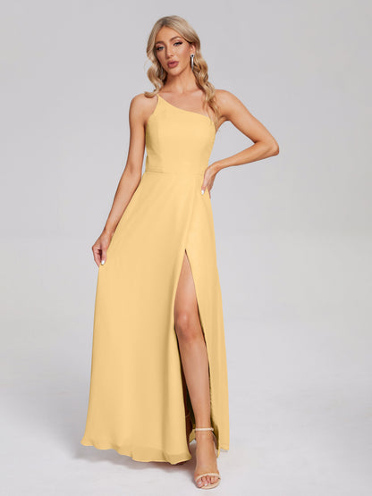 One Shoulder Side Slit Chiffon Bridesmaid Dress