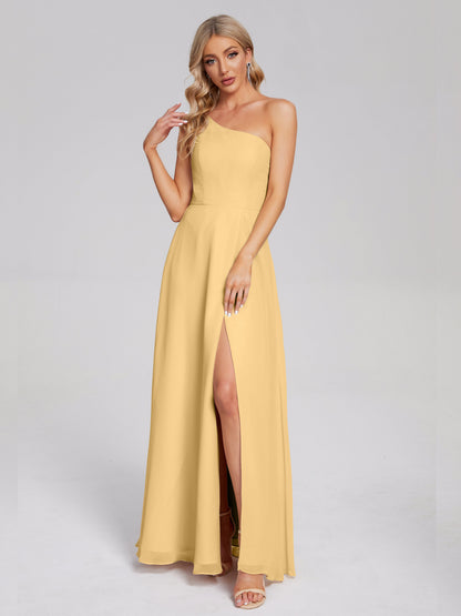 One Shoulder Side Slit Chiffon Bridesmaid Dress