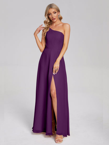 One Shoulder Side Slit Chiffon Bridesmaid Dress