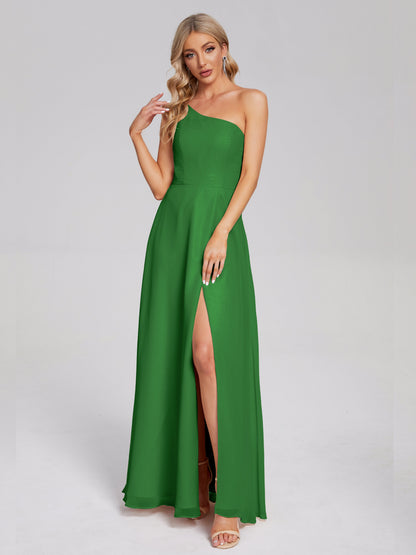 One Shoulder Side Slit Chiffon Bridesmaid Dress