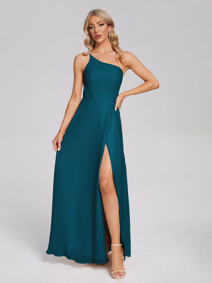 One Shoulder Side Slit Chiffon Bridesmaid Dress