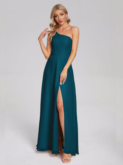One Shoulder Side Slit Chiffon Bridesmaid Dress
