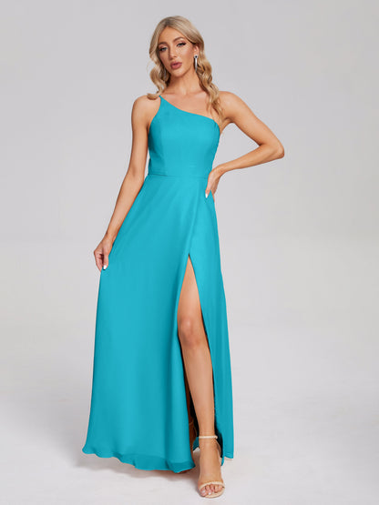 One Shoulder Side Slit Chiffon Bridesmaid Dress