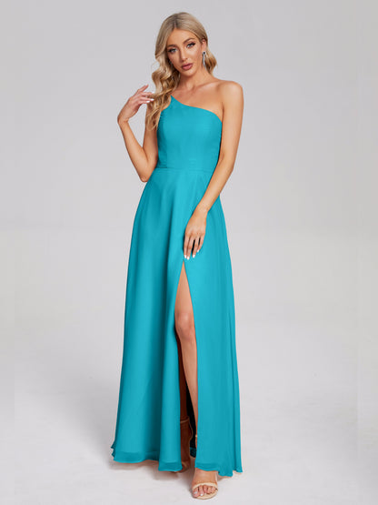 One Shoulder Side Slit Chiffon Bridesmaid Dress