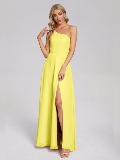 One Shoulder Side Slit Chiffon Bridesmaid Dress