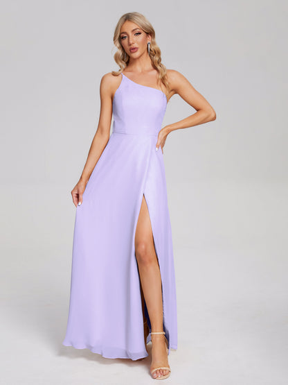 One Shoulder Side Slit Chiffon Bridesmaid Dress