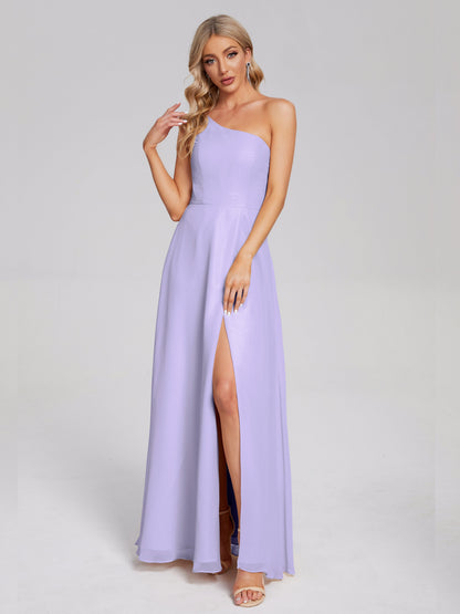 One Shoulder Side Slit Chiffon Bridesmaid Dress
