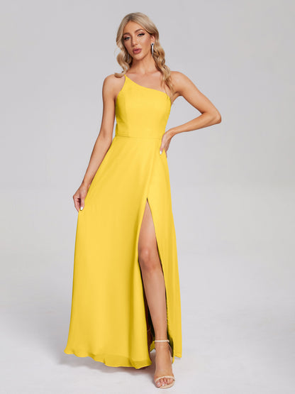 One Shoulder Side Slit Chiffon Bridesmaid Dress