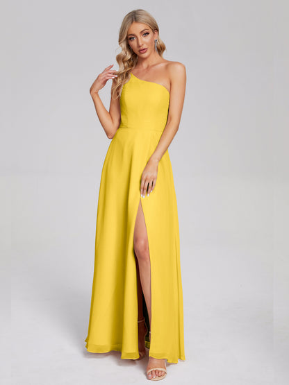 One Shoulder Side Slit Chiffon Bridesmaid Dress