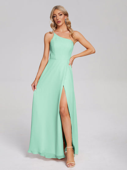 One Shoulder Side Slit Chiffon Bridesmaid Dress