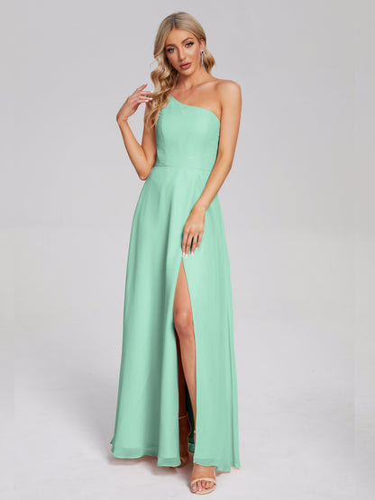 One Shoulder Side Slit Chiffon Bridesmaid Dress