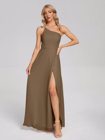 One Shoulder Side Slit Chiffon Bridesmaid Dress