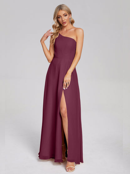 One Shoulder Side Slit Chiffon Bridesmaid Dress