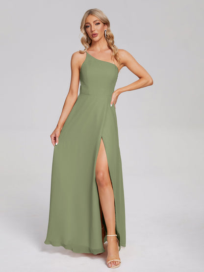 One Shoulder Side Slit Chiffon Bridesmaid Dress