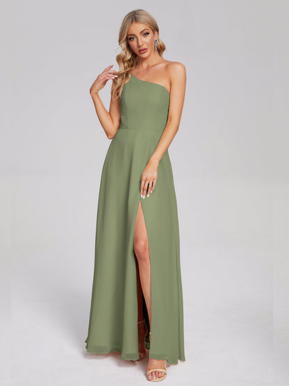 One Shoulder Side Slit Chiffon Bridesmaid Dress