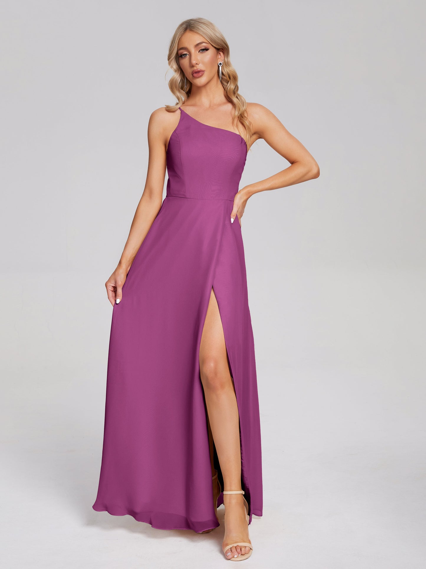 One Shoulder Side Slit Chiffon Bridesmaid Dress