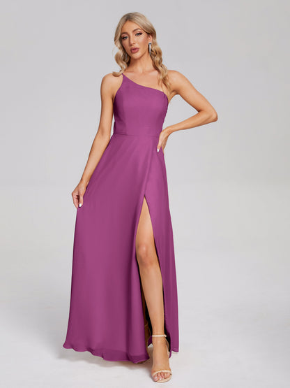 One Shoulder Side Slit Chiffon Bridesmaid Dress