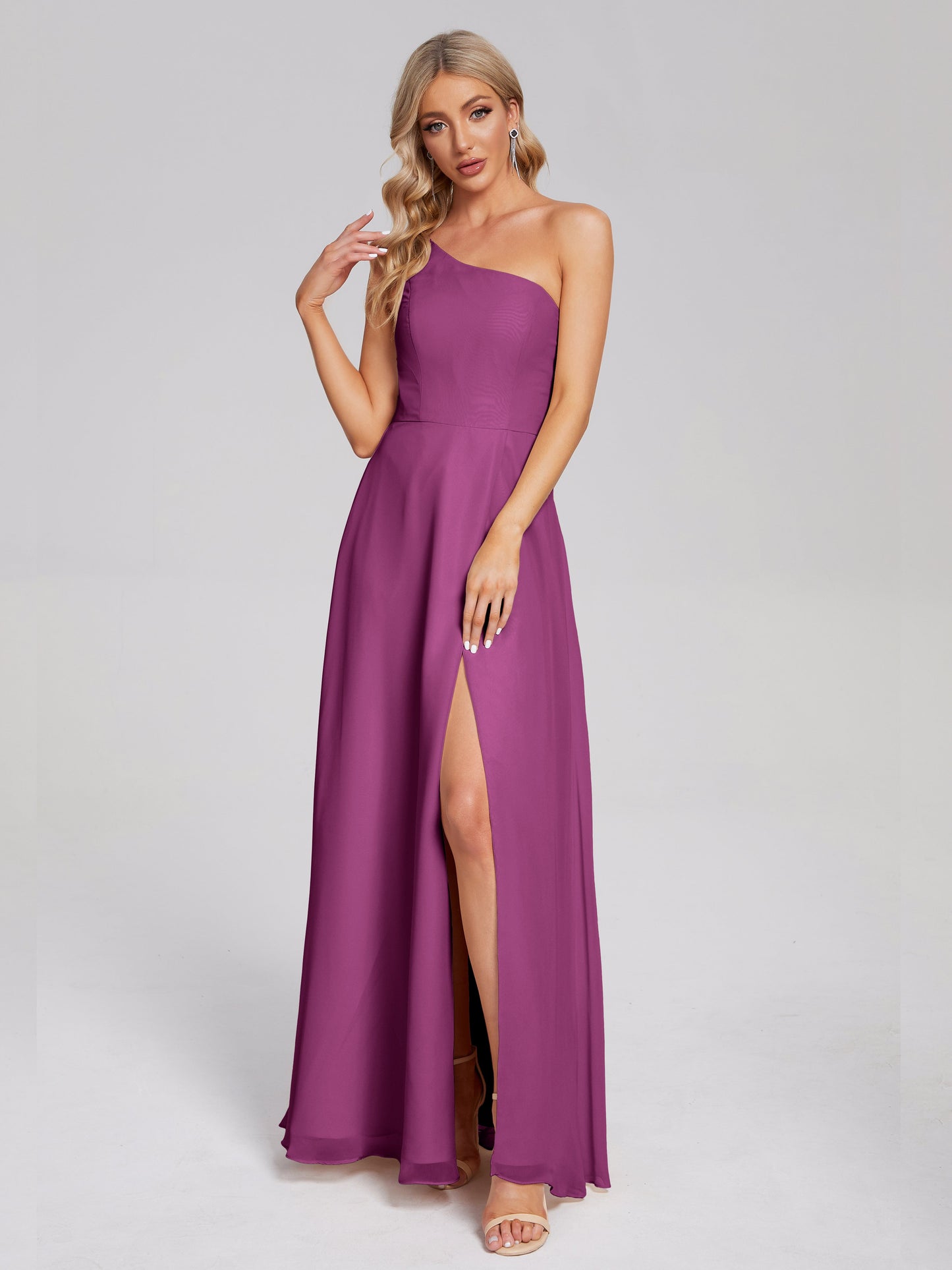 One Shoulder Side Slit Chiffon Bridesmaid Dress