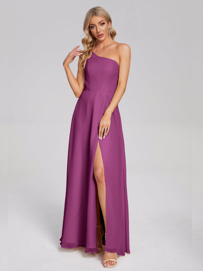 One Shoulder Side Slit Chiffon Bridesmaid Dress