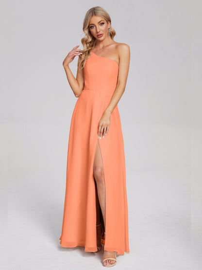 One Shoulder Side Slit Chiffon Bridesmaid Dress