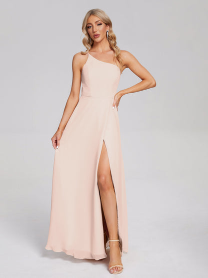 One Shoulder Side Slit Chiffon Bridesmaid Dress