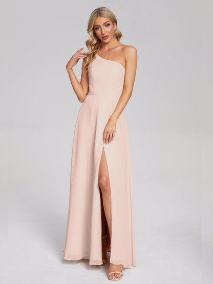 One Shoulder Side Slit Chiffon Bridesmaid Dress