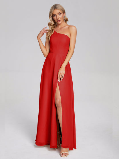 One Shoulder Side Slit Chiffon Bridesmaid Dress
