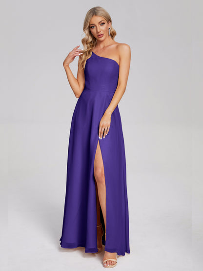 One Shoulder Side Slit Chiffon Bridesmaid Dress