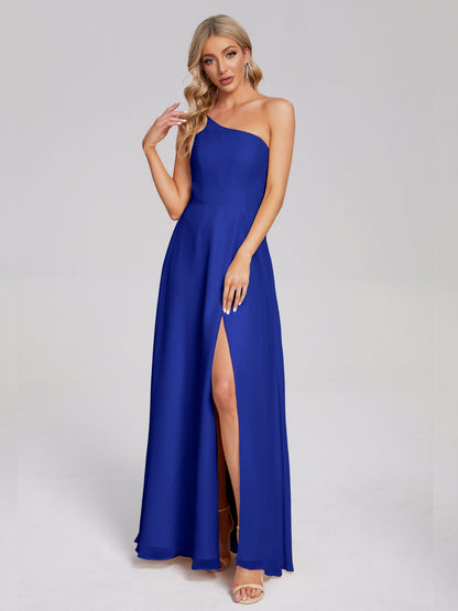 One Shoulder Side Slit Chiffon Bridesmaid Dress