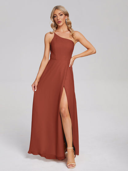 One Shoulder Side Slit Chiffon Bridesmaid Dress