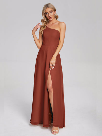 One Shoulder Side Slit Chiffon Bridesmaid Dress