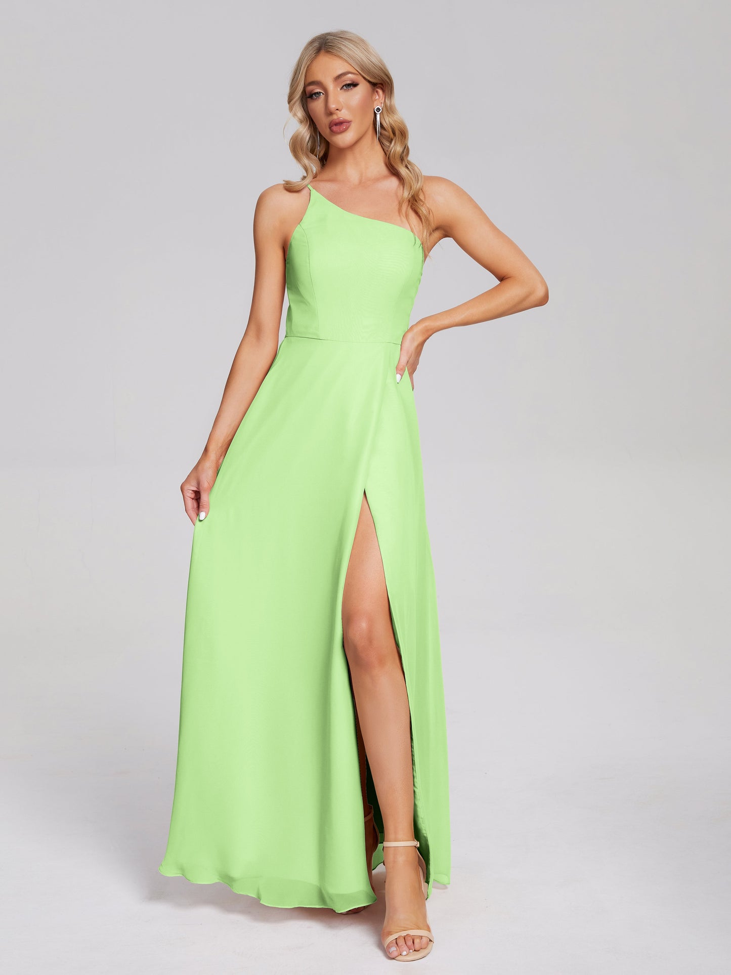 One Shoulder Side Slit Chiffon Bridesmaid Dress