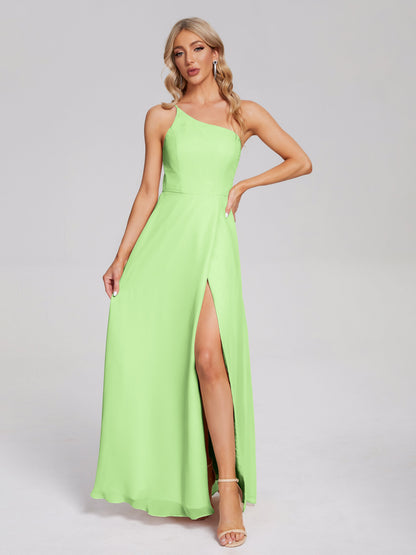 One Shoulder Side Slit Chiffon Bridesmaid Dress