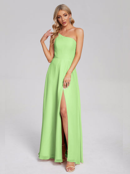 One Shoulder Side Slit Chiffon Bridesmaid Dress